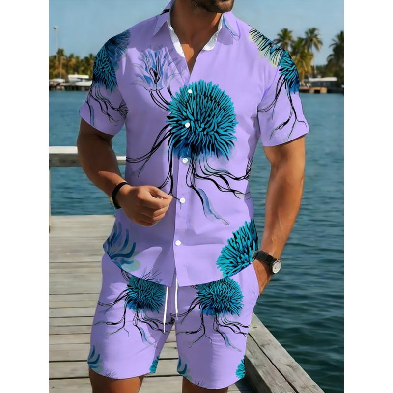 Printed Floral Shirt - Setelan Kemeja dan Celana Pendek Hawaii