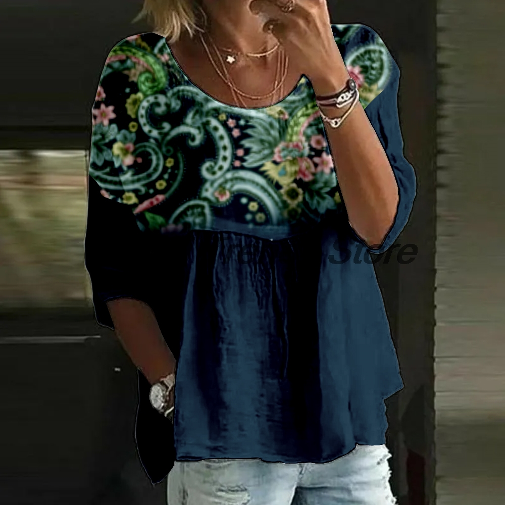Printed Floral Shirt - Blus Wanita Kasual Bermotif Bunga Lengan