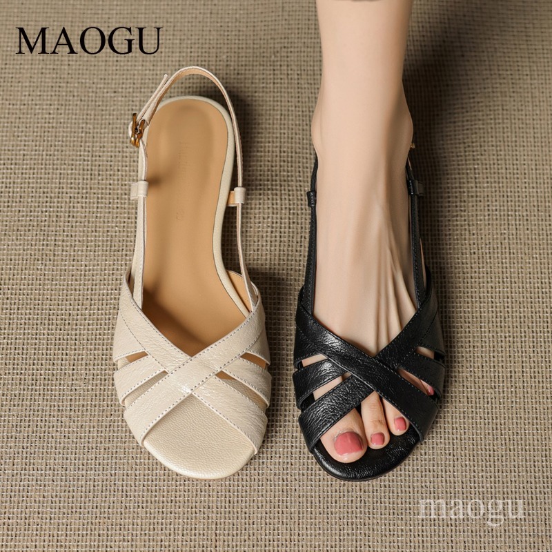 Vintage Style Women Fashion - Sandal Slingback Wanita Ujung Bulat Hak