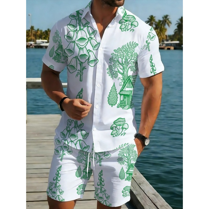 Printed Floral Shirt - Set Liburan Pantai Pria Bahan Poliester