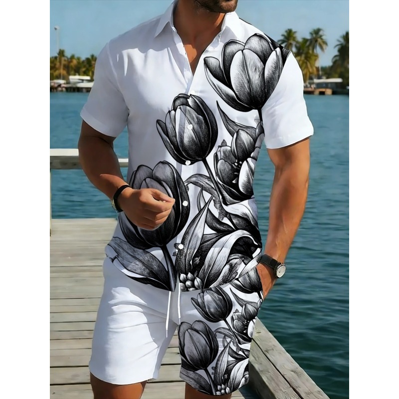 Printed Floral Shirt - Setelan Kemeja dan Celana Pendek Pria