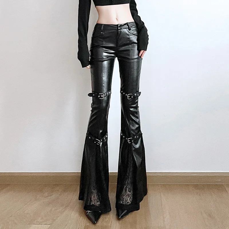 Vintage Fashion Aesthetic - Celana Kulot Kulit PU Wanita, Gesper