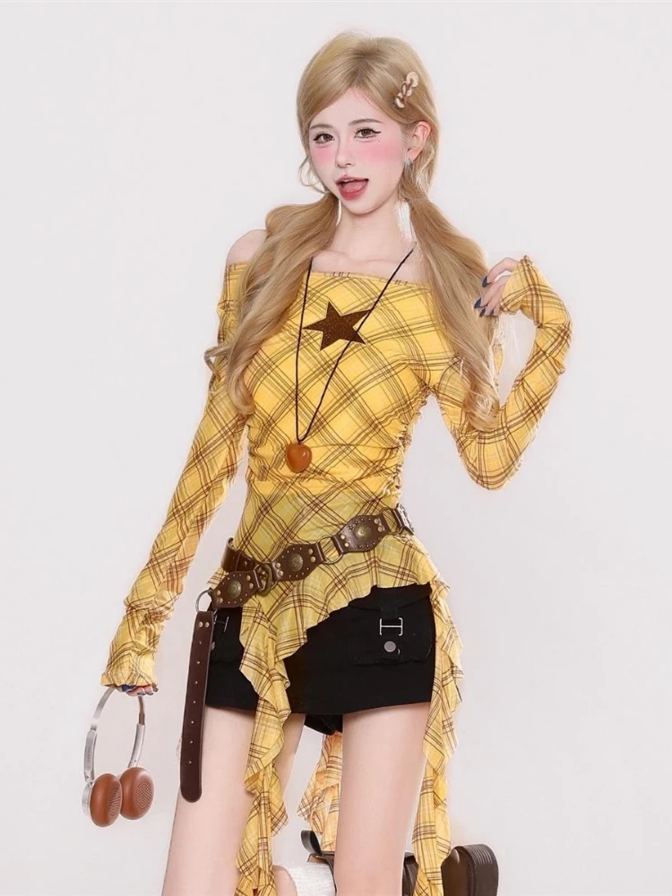 Kaos Vintage Y2K Plaid Slash N - Vintage Fashion Women ulasan dan harga