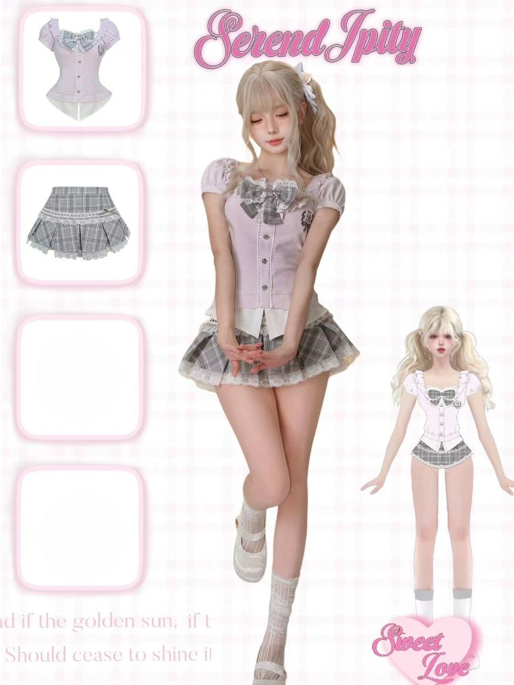 Set 2 Potong Gaya Preppy Vinta - Vintage Fashion Outfit ulasan dan harga